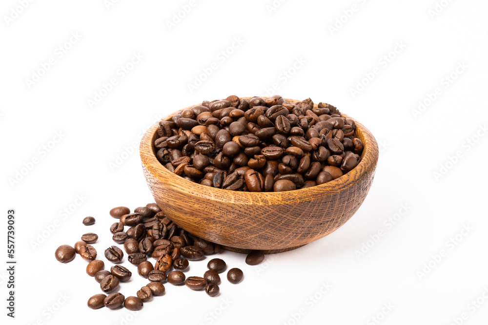 Coffee beans in bowl isolated on white background. Place for copy space. Place for text. MOCAP Coffee beans in bowl isolated on white background. Place for copy space. Place for text. MOCAP