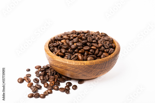 Coffee beans in bowl isolated on white background. Place for copy space. Place for text. MOCAP