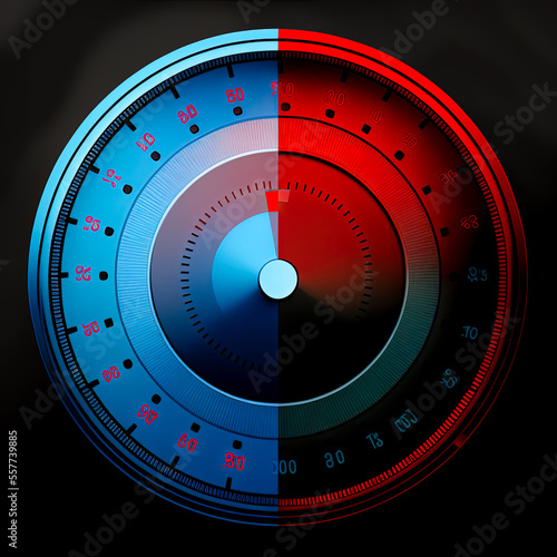 a speedometer with red and blue numbers