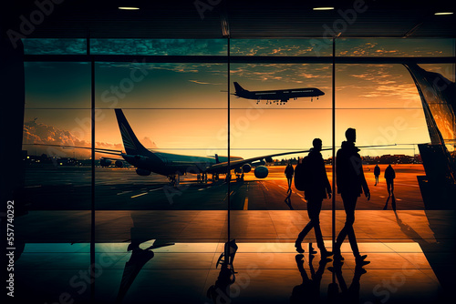 a couple of people walking towards an airplane at sunset