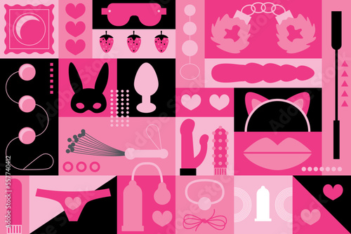 Sex toys shop items and icons. Adult store background with BDSM roleplay icon set. Vector sex toys collection. Sex shop, online sex store, adult erotic products concept. Header or footer banner
