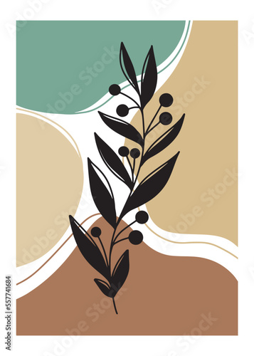 Trendy boho wall poster with pastel colors stains, lines and black silhouette branches with leaves and berries. Green, terracotta, beige, mint colors. Modern art floral design, interior, bedroom.