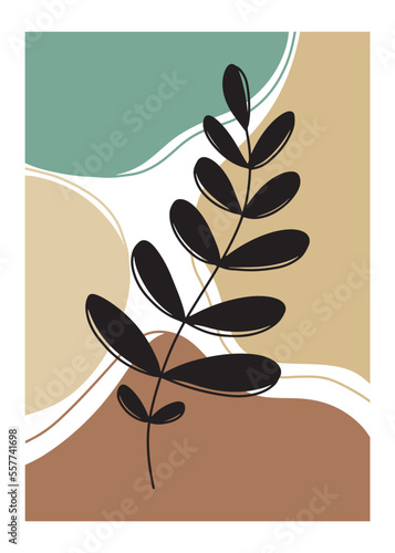 Modern art wall poster with pastel colors stains, lines and rounded black silhouette branches with leaves. Green, terracotta, beige, mint colors. Trendy boho floral design, interior, bedroom.