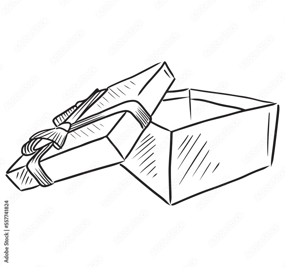 Opened realistic gift box with ribbon and bow in black isolated on white background. Hand drawn vector sketch illustration in simple doodle vintage outline line art engraved style. Surprise, birthday. Opened realistic gift box with ribbon and bow in black isolated on white background. Hand drawn vector sketch illustration in simple doodle vintage outline line art engraved style. Surprise, birthday.