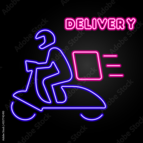 delivery neon sign, modern glowing banner design, colorful modern design trends on black background. Vector illustration.