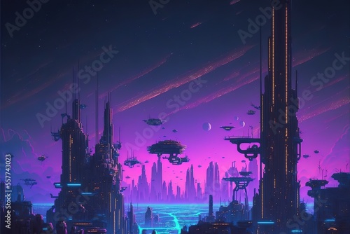 Futuristic cyberpunk city with tall buildings