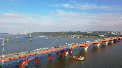 [korea drone footage] Han river landscape, Korea, Seoul, Seongsan Bridge photo