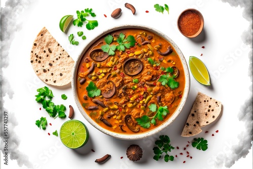 Vegan masala champignon mushroom soup Indian food. Healthy vegetarian spicy food. Ceramic bowl on white background. Top view