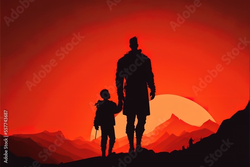 Silhouette of a father and son looking at the mountains in the sunset © Анастасия Птицова