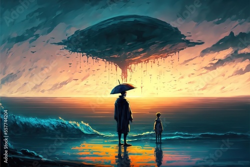 A man with an umbrella and his daughter looks at the sunset over the sea