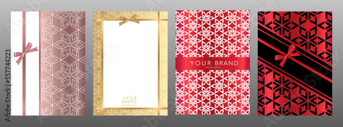 Holiday cover design set. Luxury golden background with geometric pattern, red ribbon (bow). Elegant premium vector collection template for Birthday invite card, Valentine's Day greeting or gift