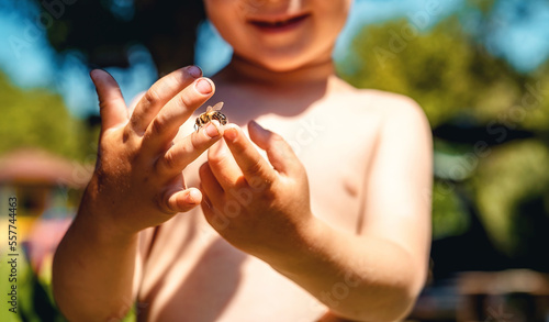 the boy holds a bee in his hand.