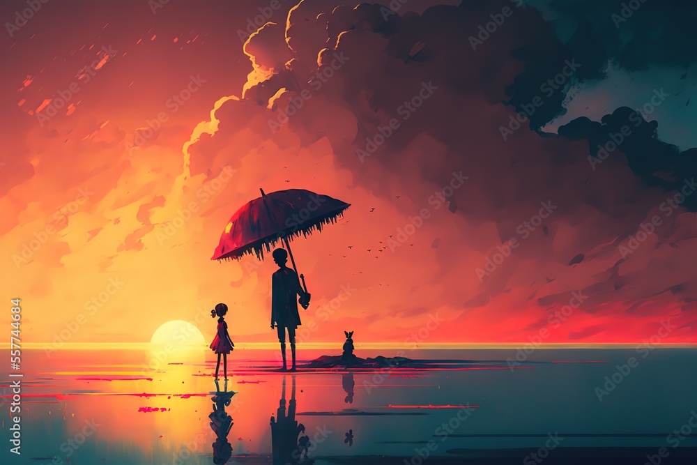 A man with an umbrella and his daughter looks at the sunset over the sea