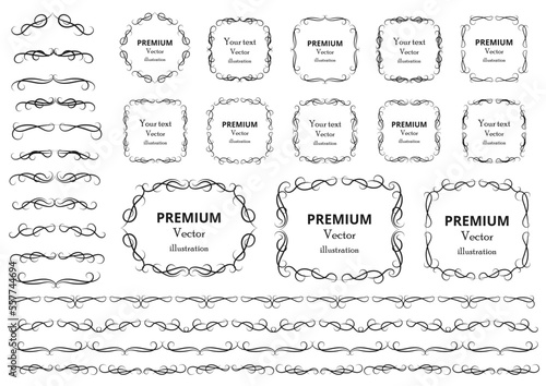 Calligraphic design elements . Decorative swirls or scrolls, vintage frames , flourishes, labels and dividers. Retro vector illustration