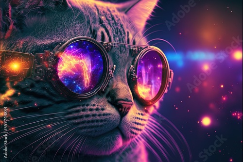 Generative AI Illustration of an Cat with eyeglasses and space background
