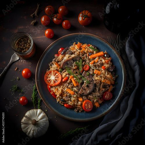 photo sausage fried rice with tomatoes, carrots and shiitake mushrooms on the plate food photography