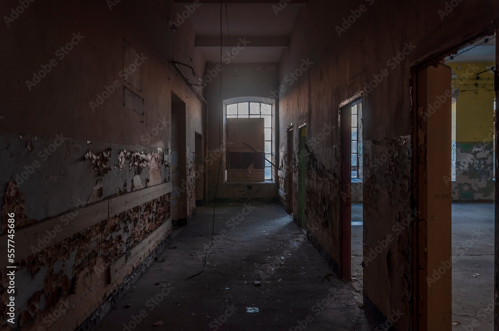 Old abandoned haunted red brick factory of stockings, pantyhose and socks in Central Europe, Poland Old abandoned haunted red brick factory of stockings, pantyhose and socks in Central Europe, Poland