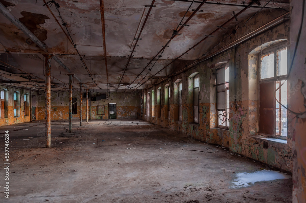 Old abandoned haunted red brick factory of stockings, pantyhose and socks in Central Europe, Poland Old abandoned haunted red brick factory of stockings, pantyhose and socks in Central Europe, Poland