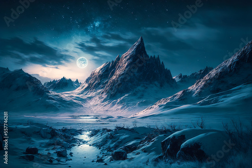Snow-covered mountain slope on the night of the full moon. Amazing northern nature, winter natural background. Digital artwork