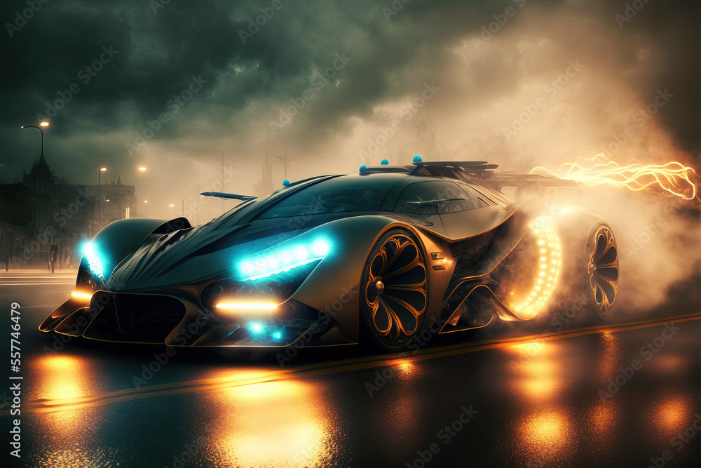 Car on the road. Street racing of the future. Futuristic sports car in motion (non-existent car design). Сar drifting, tire smoke wafting, neon city background. Digital art	