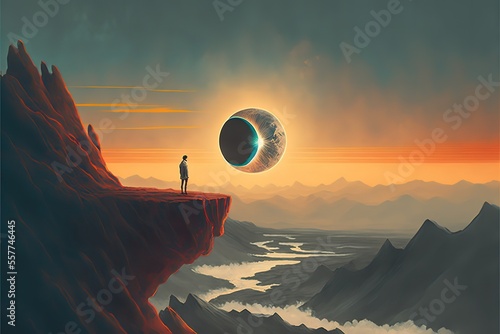 A boy looks at the eclipse from a cliff