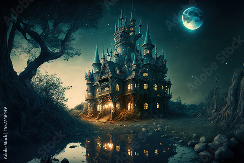 Magic Castle in faryland. Fairy tale castle. Digital artwork 