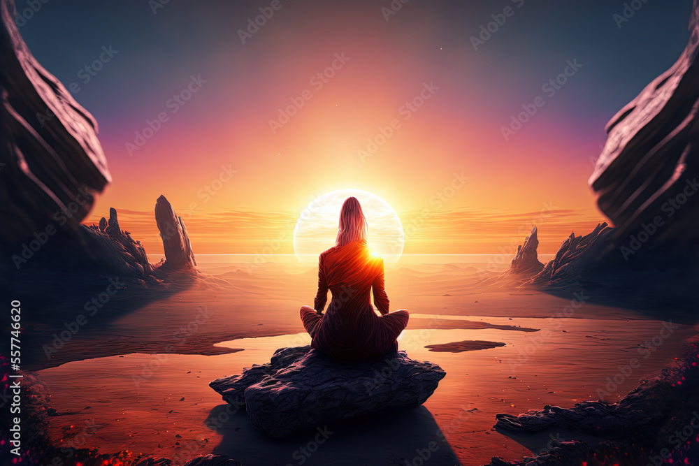 The girl meditates at sunrise in the desert. Digital artwork	
