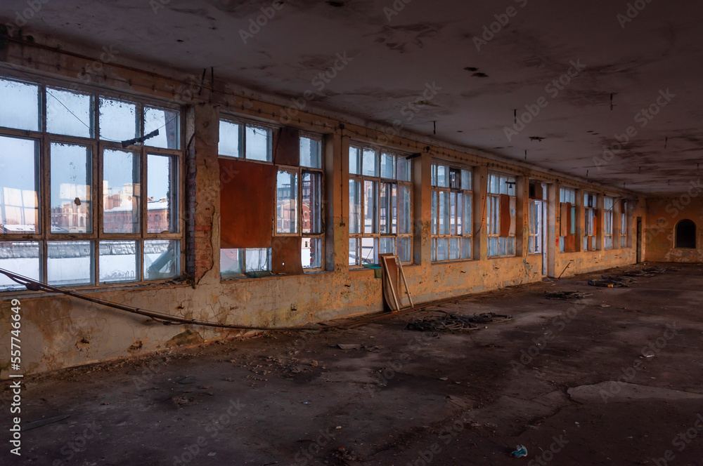 Old abandoned haunted red brick factory of stockings, pantyhose and socks in Central Europe, Poland