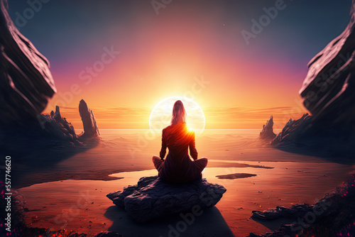 The girl meditates at sunrise in the desert. Digital artwork   © Katynn