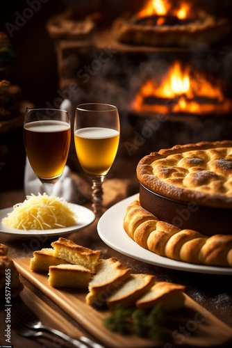 An apres ski meal of cheese fondue, glass of wine, beer and bread