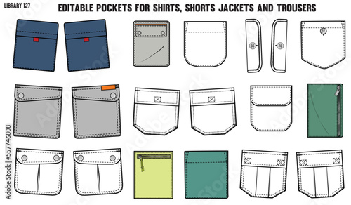 SET OF DIFFERENT TYPES OF POCKET FOR APPAREL AND CLOTHINGS; FOR SHIRTS DENIM JEANS JACKET CARGO PANTS CHINOS, JACKETS AND BLAZERS IN EDITABLE VECTOR