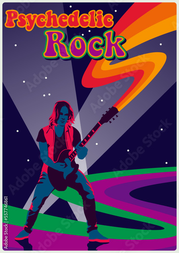 Psychedelic Style Rock Music Abstract Poster. 1970s Retro Guitarist Bright Rainbow Colors Illustration