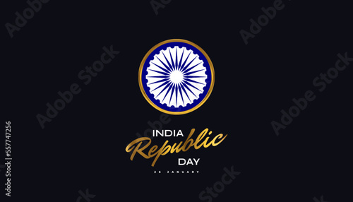 26th January Happy Republic Day of India. Indian Republic Day Celebration Background with Ashoka Chakra Isolated on Dark Background
