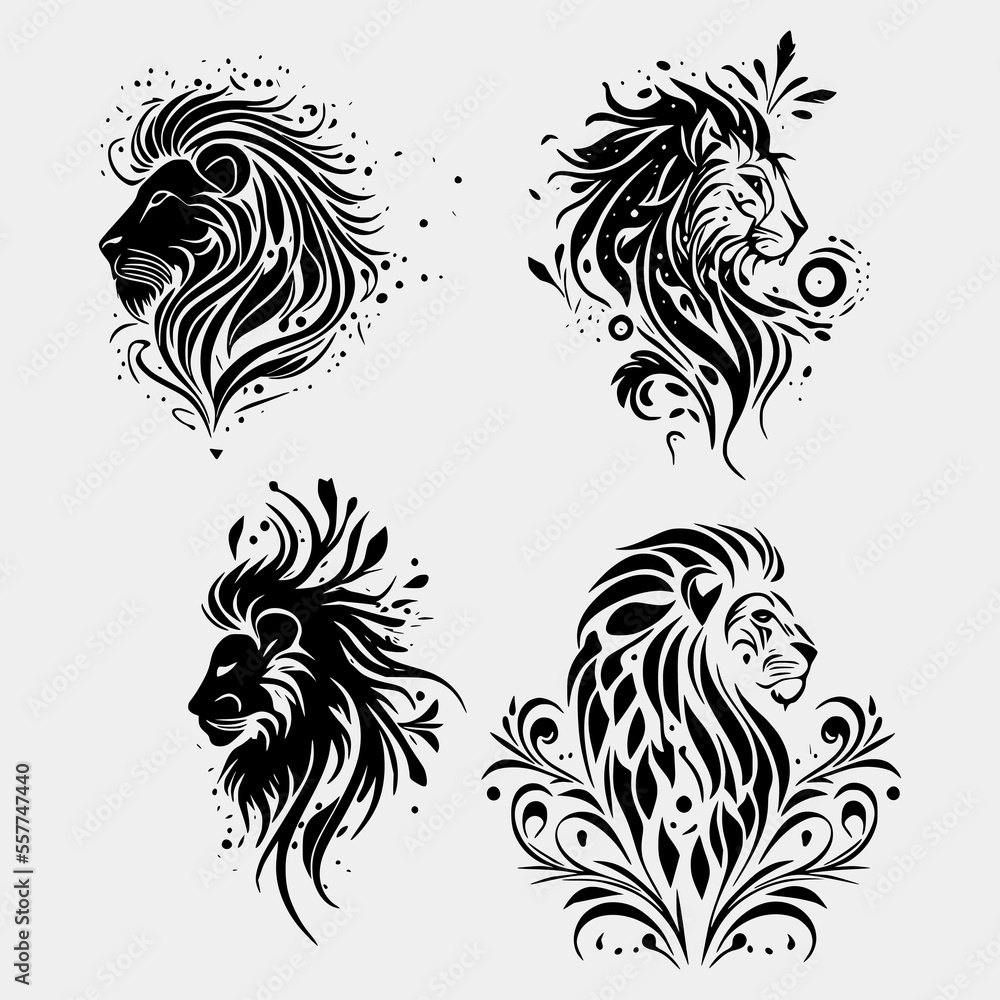 set Flaming lion on White Background. Tribal Stencil Tattoo Design Concept. Flat Vector Illustration. set Flaming lion on White Background. Tribal Stencil Tattoo Design Concept. Flat Vector Illustration.