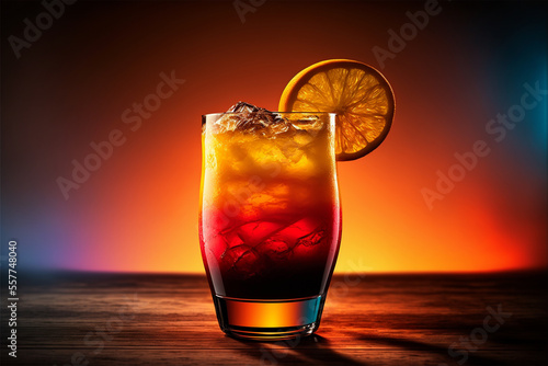 tequila sunrise cocktail, close up. Orange. Sunrise in the back. Generative AI