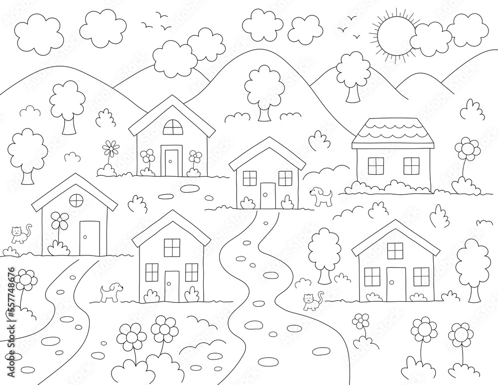 houses, trees and mountains coloring page for kids and adults