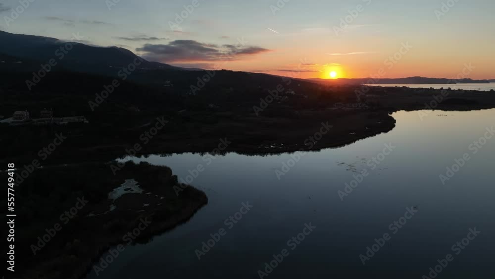 Aerial drone view of Antinioti Lake by sunset in north Corfu Island, Greece Aerial drone view of Antinioti Lake by sunset in north Corfu Island, Greece