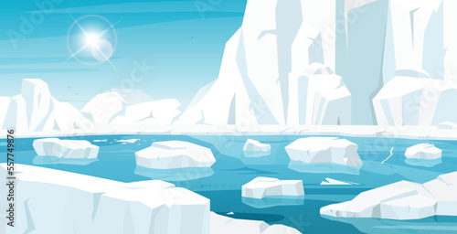 Arctic icebergs are melting into the sea.