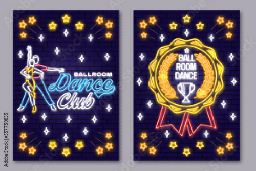 Set of Ballroom dance sport club Bright Neon Sign. Dance sport neon flyer, brochure, banner, poster with shoe, man and woman silhouette. Vector. Rumba, salsa, samba couples dancing ballroom style.