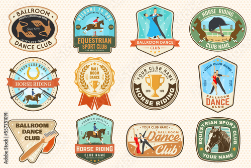 Ballroom dance sport and Horse riding club badge, logo, patch. Dance sport and equestrian label, sticker with rider, horse, shoe brush, man and woman, shoes for ballroom dancing silhouette. Vector