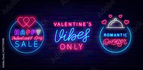 Valentines Day Sale neon labels collection. Romantic dinner. Valentines Vibes only. Heart icon. Vector illustration