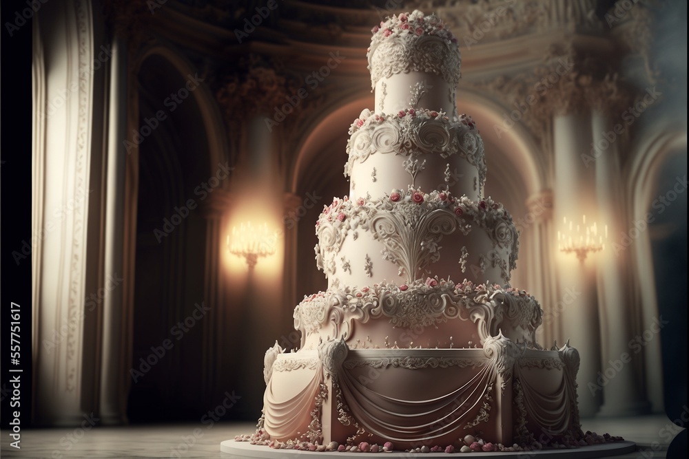 Fototapeta premium Schöne große Hochzeitstorte für das Brautpaar zur Feier, AI generativ