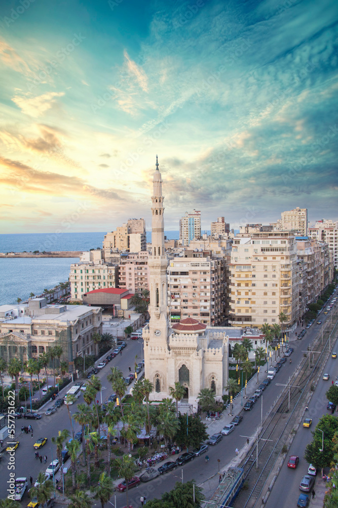 Beautiful view of Al Qaaed Ibrahim Basha Mosque in Alexandria, Egypt