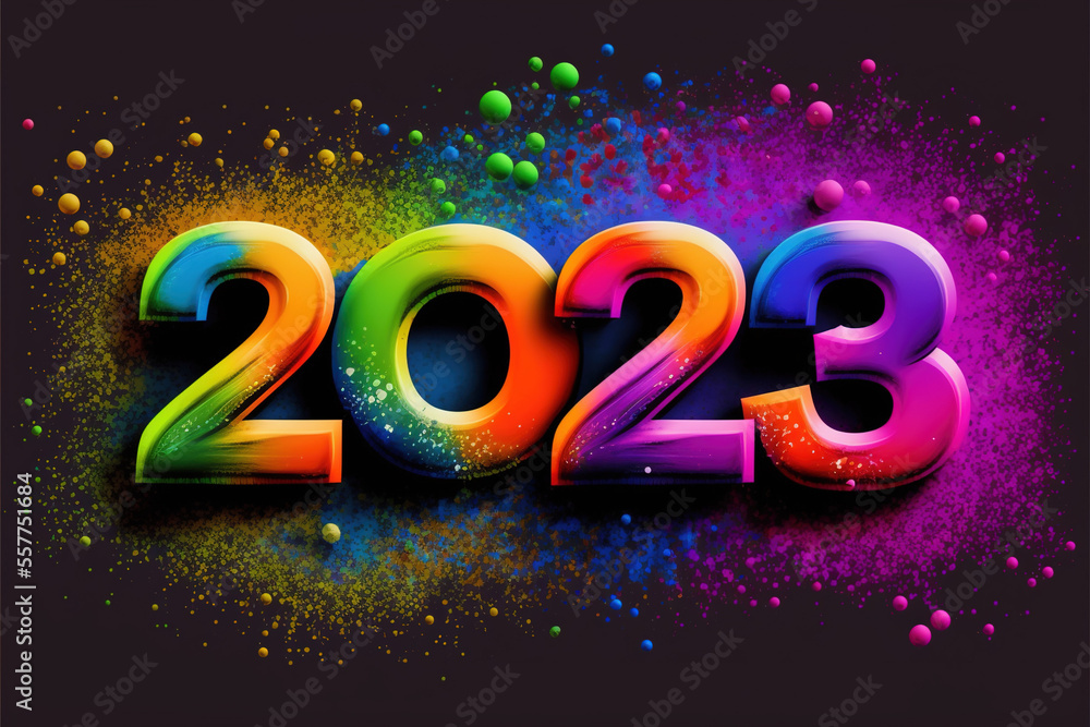 New Year, 2023, fun 3D effect, paint color splashes. Joyful and colorful logotype. For articles, banners or cards. New Year, 2023, fun 3D effect, paint color splashes. Joyful and colorful logotype. For articles, banners or cards.