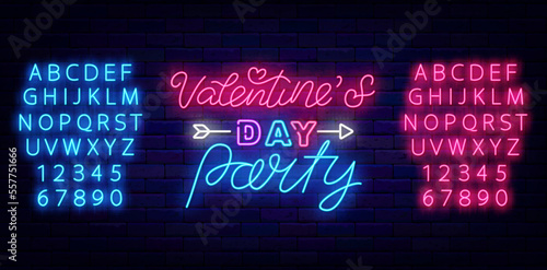 Valentines day party neon label. Shiny lettering with arrow. Luminous pink and blue alphabet. Vector illustration