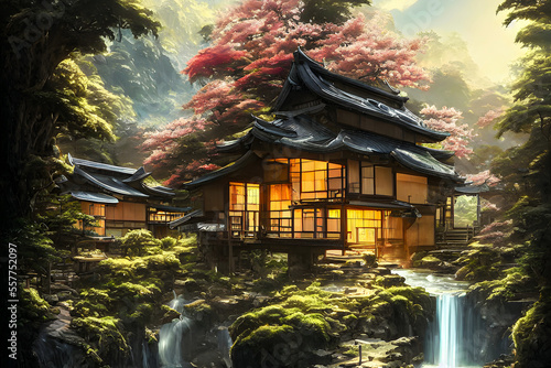 Japanese wooden house with light of moon concept art