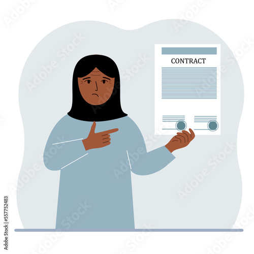 A woman holds in his hands a finished sample of a contract with seals.