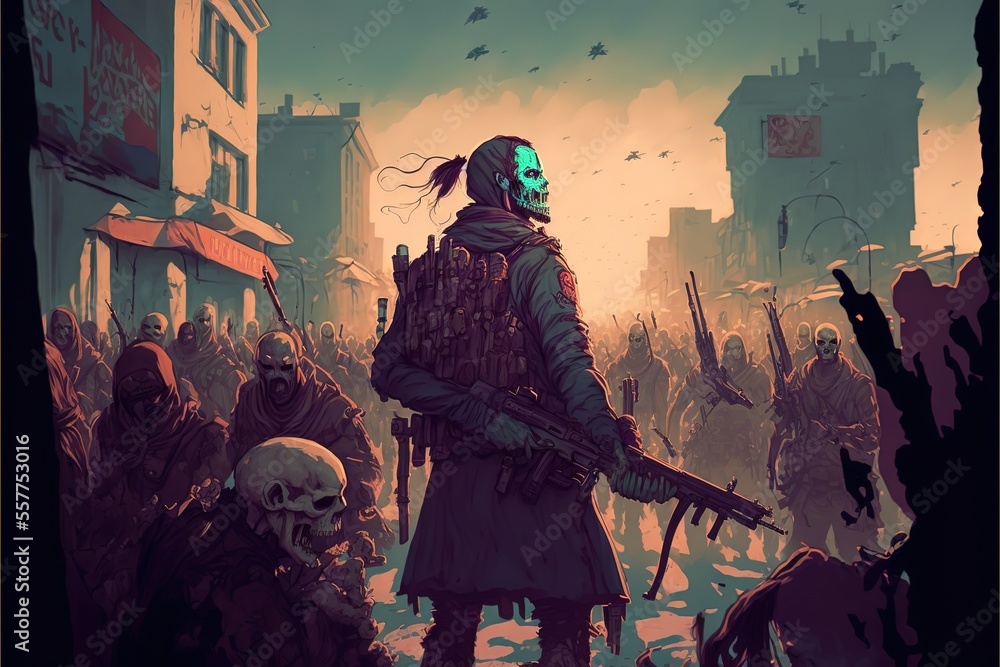 A crowd of Zombies with weapons