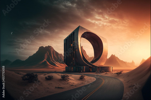 Futuristic Architecture Besides an Empty Curved Road with Background of Hills in a Golden Hour | Generative Art 