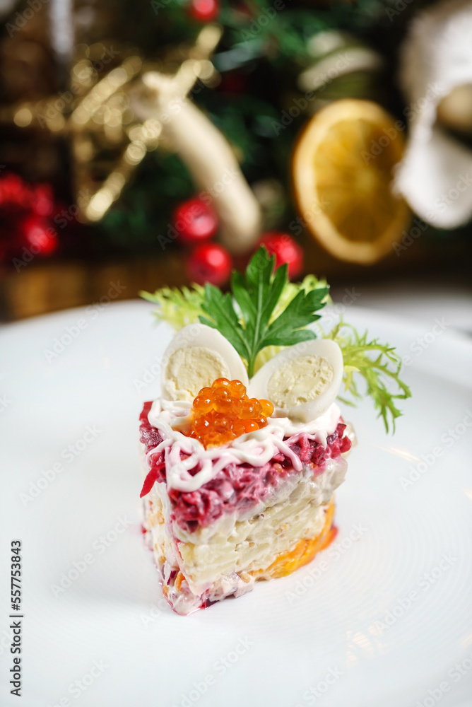 beetroot salad with caviar on Christmas table